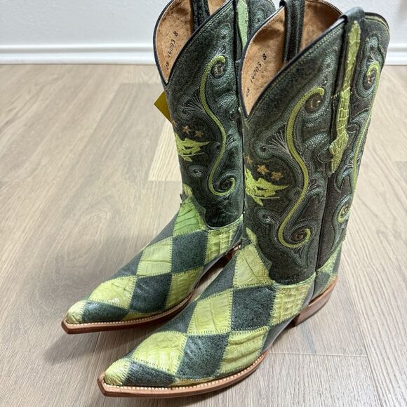 El General Boots Men 7.5 Green Exotic Leather Diamond Patchwork - Picture 1 of 12